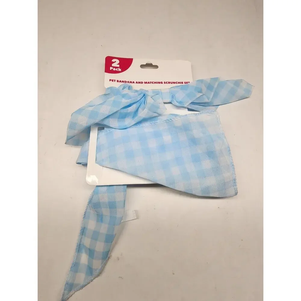 2 Pack Pet Bandana And Matching Scrunchie Set Light Blue Checkered